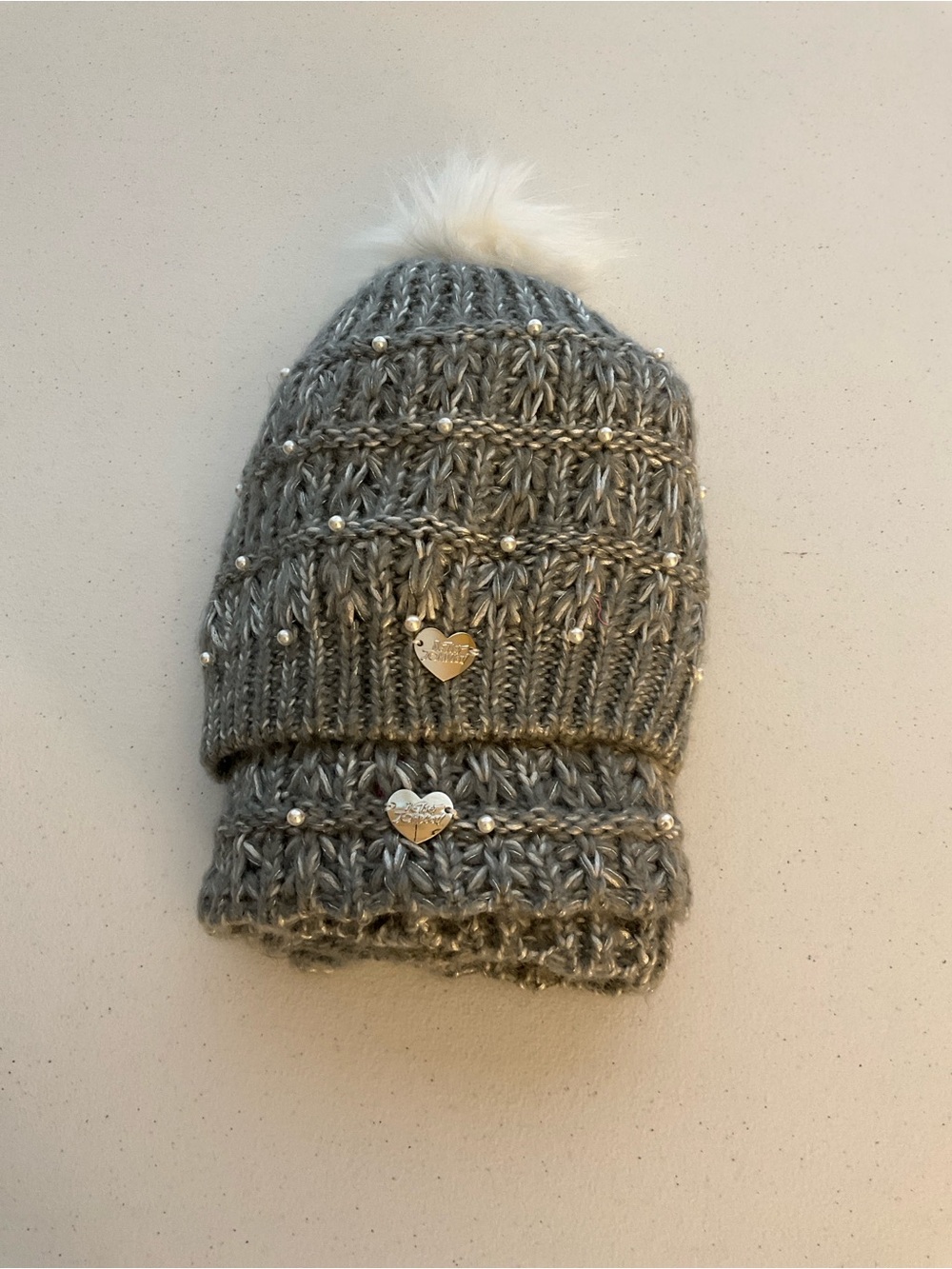 Betsey Johnson Gray Knit Beanie with White Faux Fur Pom & Pearl Accents